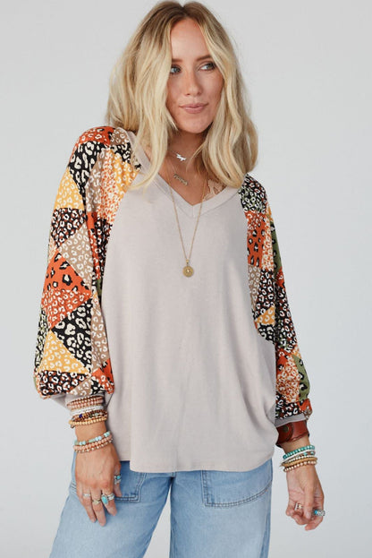 Parchment Contrast Printed Raglan Sleeves Patchwork V Neck Loose Top