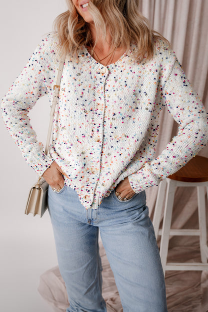 White Rhinestone Decor Multicolor Confetti Sweater Cardigan