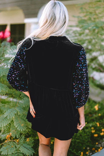 Black Sequin Puff Sleeve Buttoned Velvet Peplum Shirt