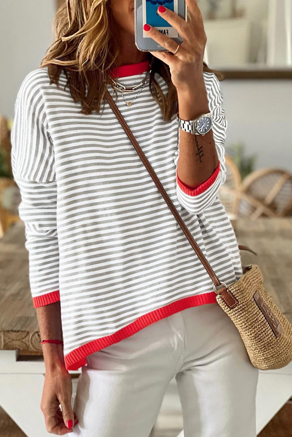 Gray Contrast Trimmed Striped Drop Shoulder Sweater