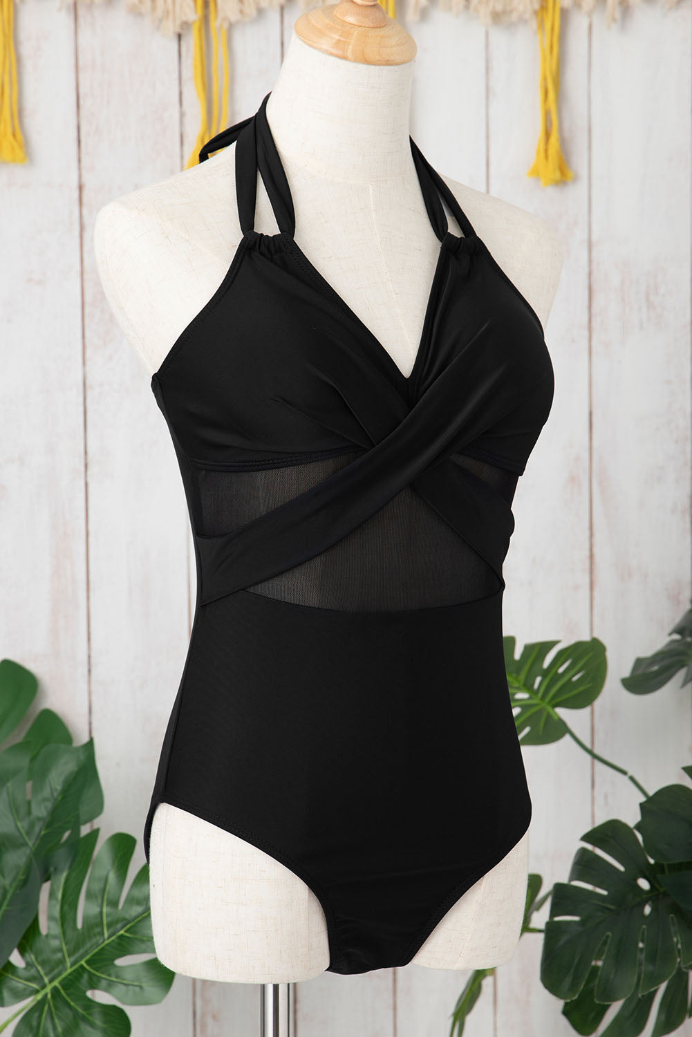 Black Halter Mesh Insert Cross Front One-Piece Swimsuit