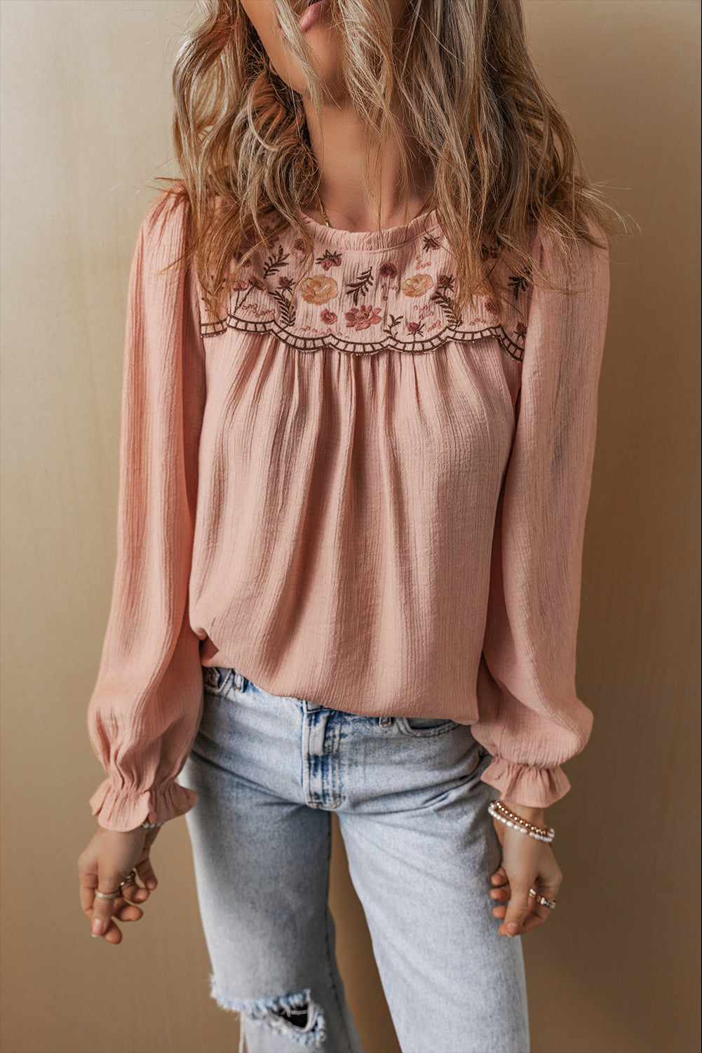 Gossamer Pink Floral Embroidered Textured Flounce Sleeve Elegant Blouse