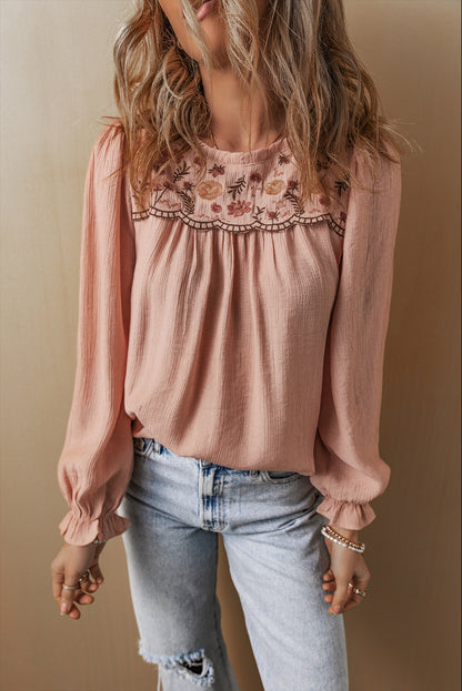 Gossamer Pink Floral Embroidered Textured Flounce Sleeve Elegant Blouse