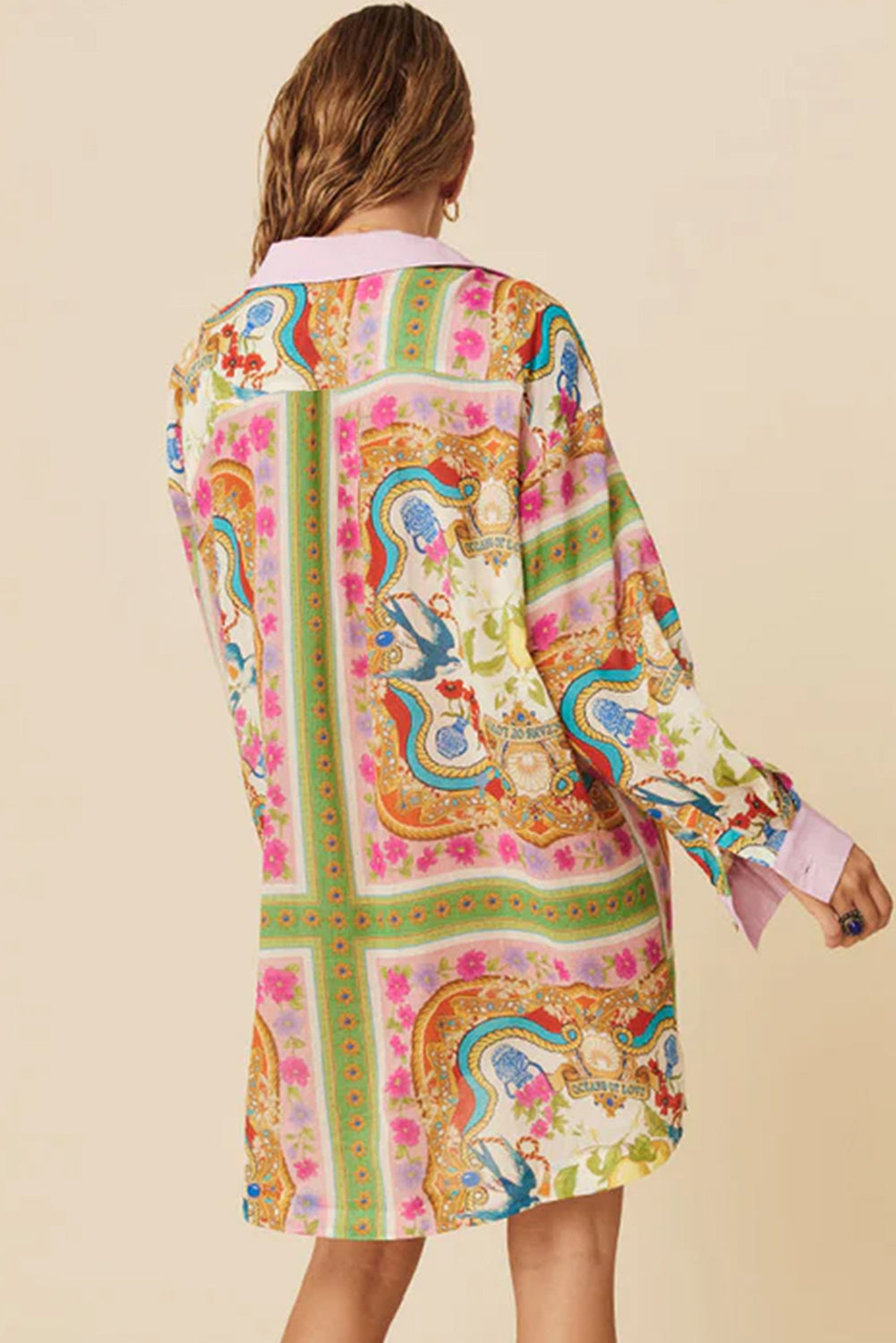 Multicolour Boho Floral Print Buttoned Long Sleeve Shirt Dress