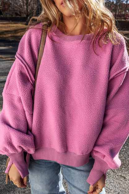 Bright Pink Sherpa Seamed Drop Shoulder Oversized Sweatshirt