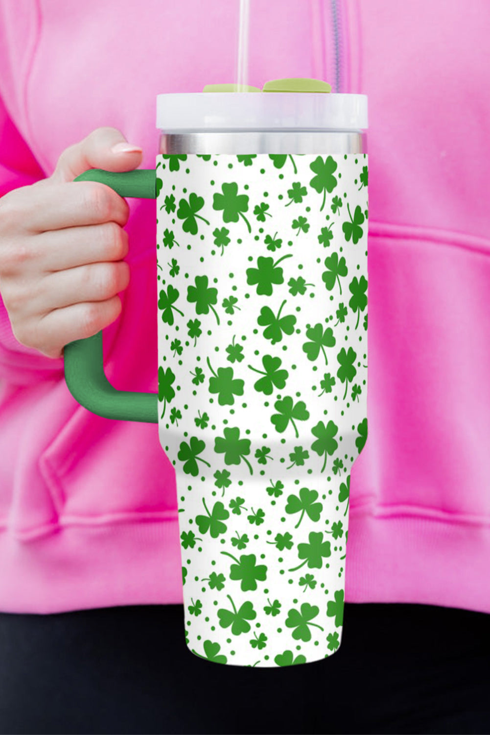 Dark Green Clover Print Thermos Cup with Handle 40oz