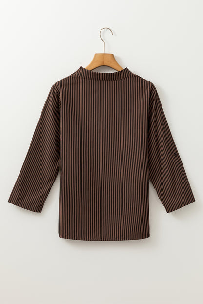 Brown Stripe V Neck Roll Up Sleeve Pocket Patched Classic Shirt