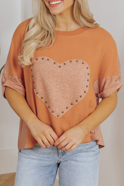 Desert Gold Stud Heart Patch Textured Front Dolman Top