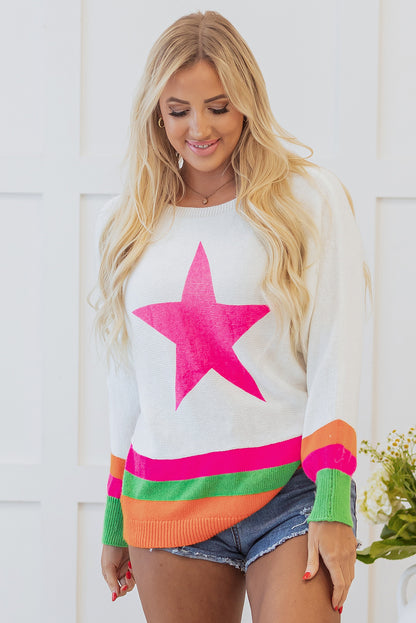 White Star Pattern Colorblock Striped Edge Drop Shoulder Sweater