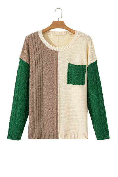 Mist Green Plus Size Cable Knit Color Block Drop Shoulder Sweater