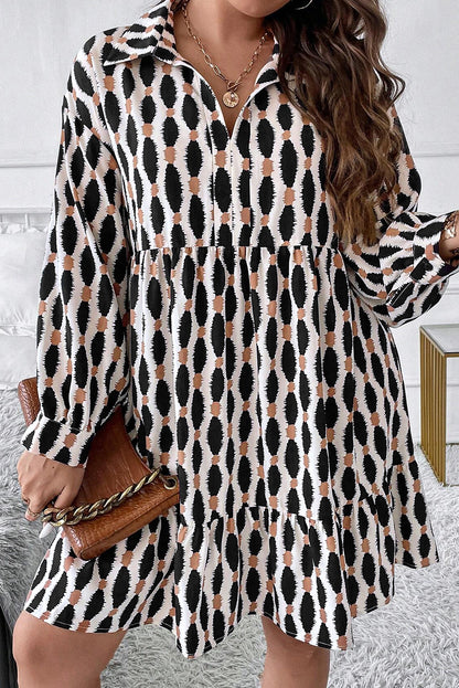 Apricot Geometric Print Collared V-Neck Plus Size Mini Dress