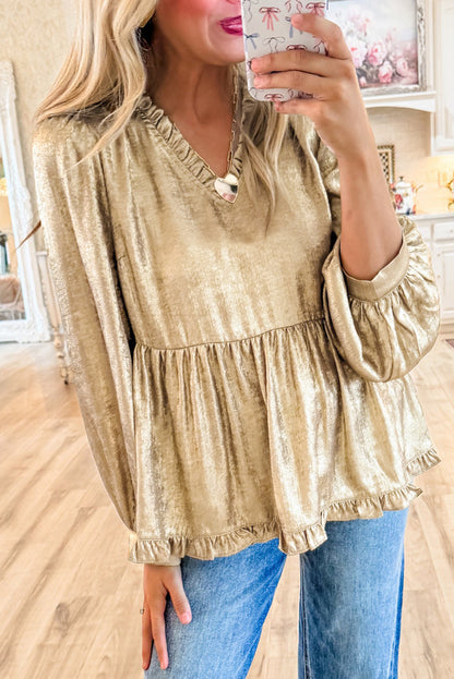 Gold Metallic Frilled V-Neck Puff Sleeve Babydoll Blouse