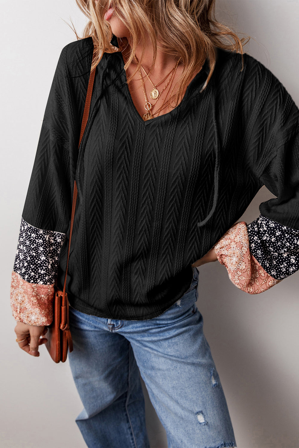 Black Floral Patchwork Textured Knit Drawstring V Neck Blouse