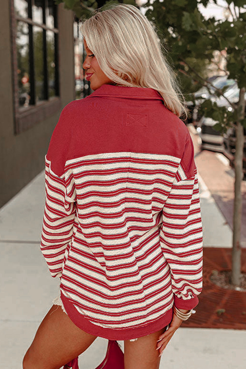 Red Stripe Buttoned V Neck Collared Drop Shoulder Top