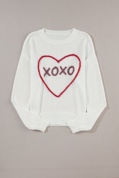 White Heart XOXO Pattern Drop Shoulder Rib Knit Sweater