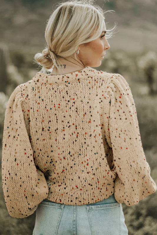 Light French Beige Colorful Dots Cable Knit Crew Neck Sweater