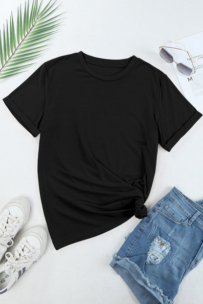 Black Casual Plain Crew Neck Tee