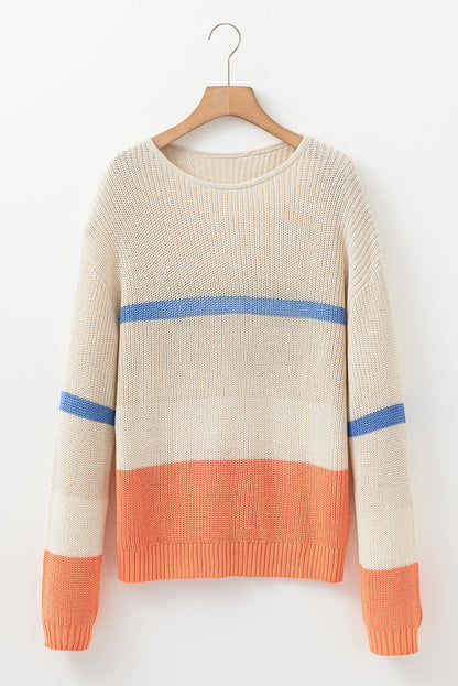 Beige Colorblock Striped Drop Shoulder Cozy Sweater