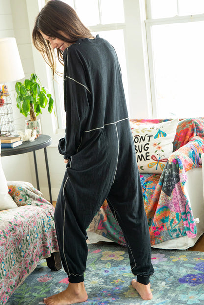 Black Flatlock Seam Detail V Neck Baggy Jumpsuit