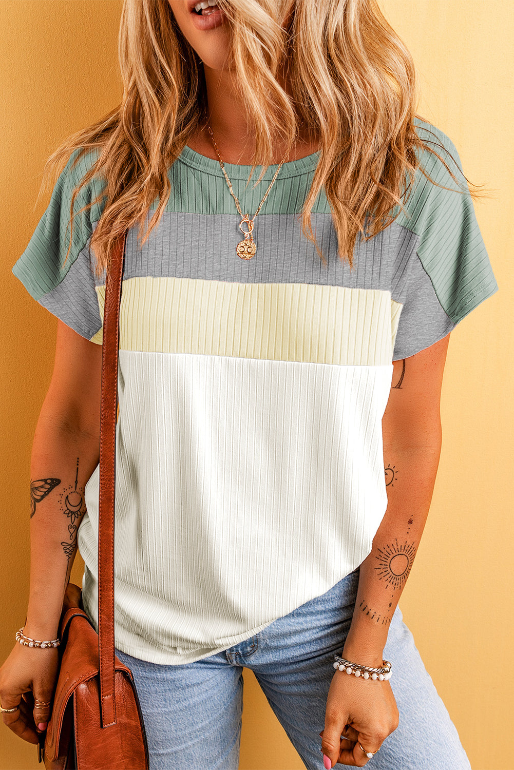 Moonlight Jade Ribbed Color Block Patchwork T-Shirt