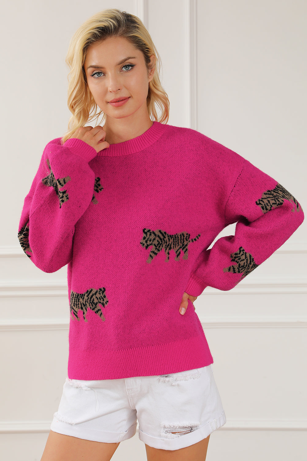 Rose Red Fierce Animal Pattern Casual Knitted Sweater