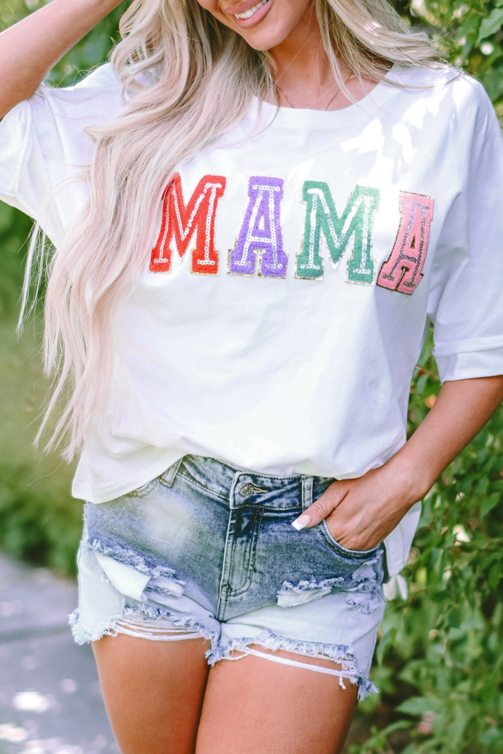 White MAMA Chenille Patched Crew Neck T Shirt