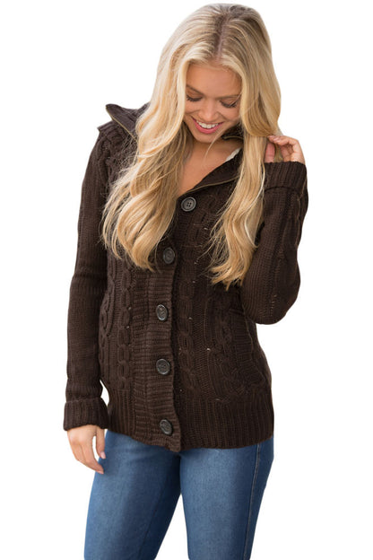 Brown Long Sleeve Button-Up Hooded Cardigan