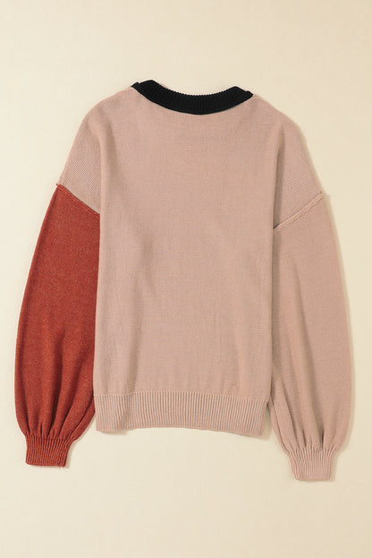 Coffee Colorblock Bishop Sleeve Ribbed Trim Sweater