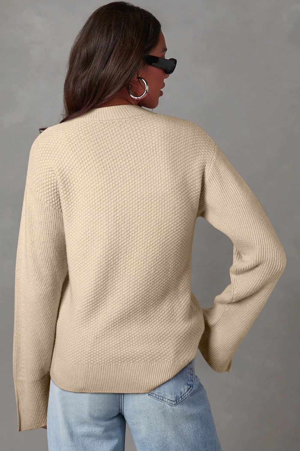 Parchment Solid Textured Knit Split Cuff Drop Shoulder Loose Sweater