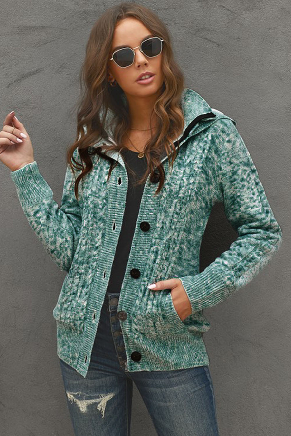 Green Long Sleeve Button-up Hooded Cardigans