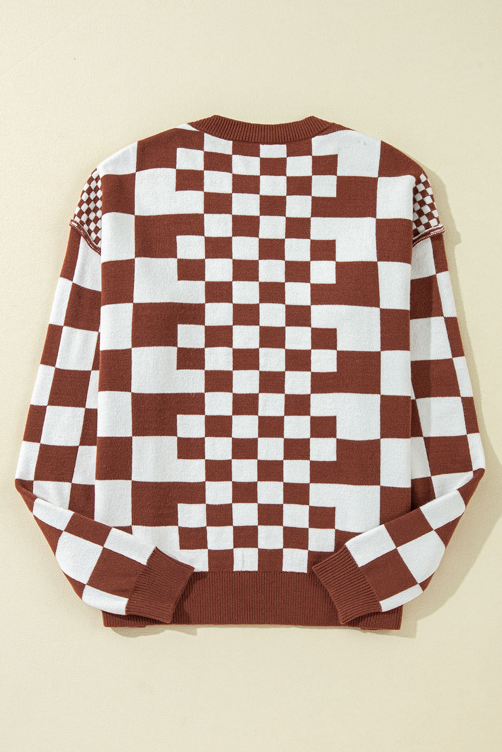 Brown Checkered Print Drop Shoulder Round Neck Sweater