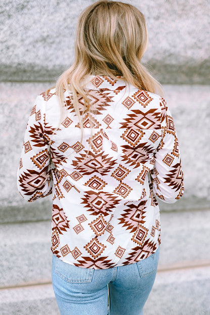 White Western Aztec Pattern Button Flap Pocket Shirt