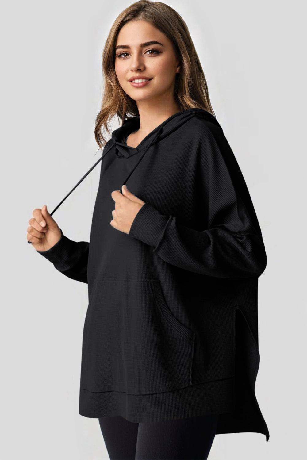 Black Waffle Knit Fleece Lined High Low Oversized Hoodie