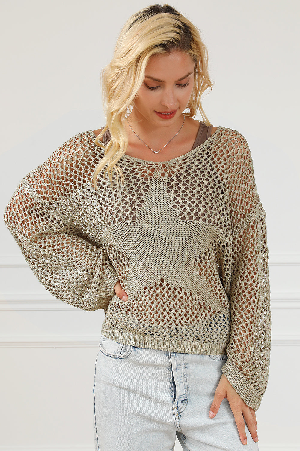 Light French Beige Star Pointelle Knit Baggy Sweater