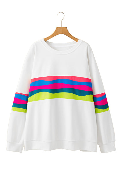 White Plus Size Colorful Striped Drop Shoulder Loose Sweatshirt