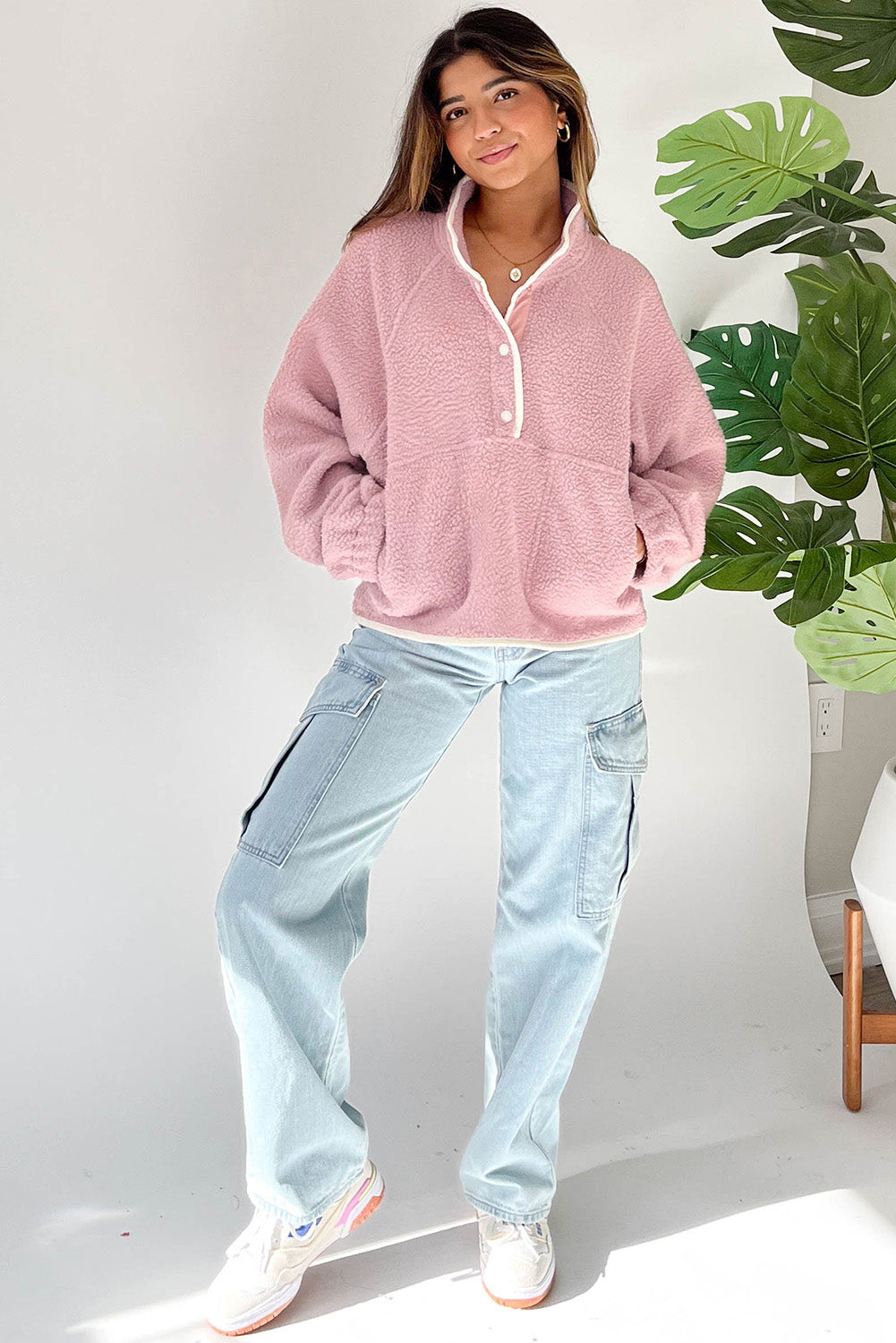 Fushia Stand Neck Half Button Zip Pocket Plush Sweatshirt