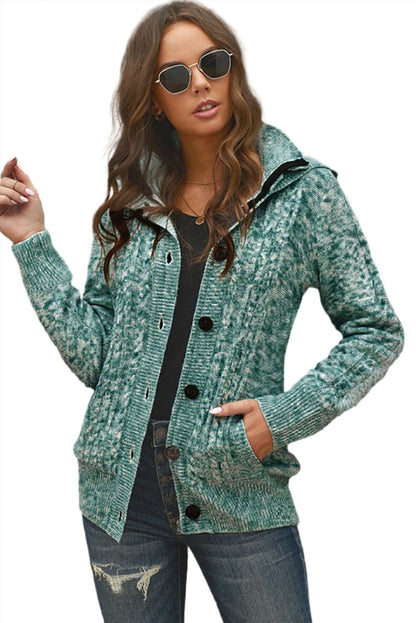 Green Long Sleeve Button-up Hooded Cardigans