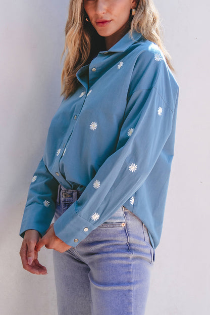 Dusk Blue Floral Embroidered Curved Hem Tunic Shirt