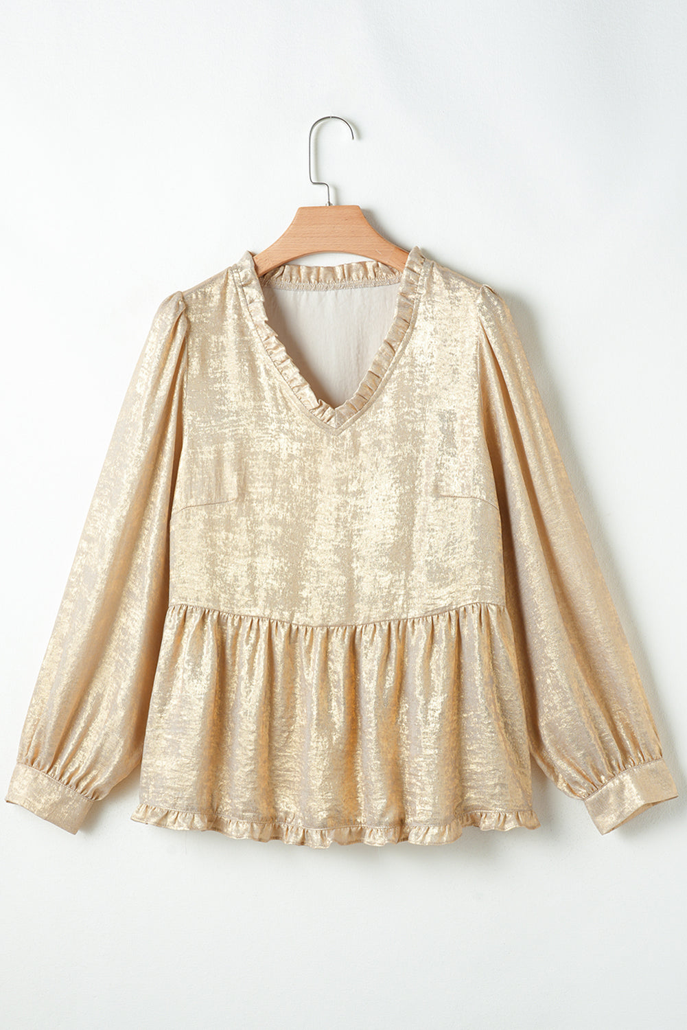 Gold Metallic Frilled V-Neck Puff Sleeve Babydoll Blouse