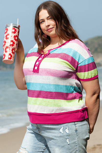 Rose Stripe Plus Size Textured Knit Short Sleeve Henley Top