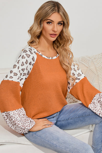 Orange Leopard Colorblock Waffle Knit Top