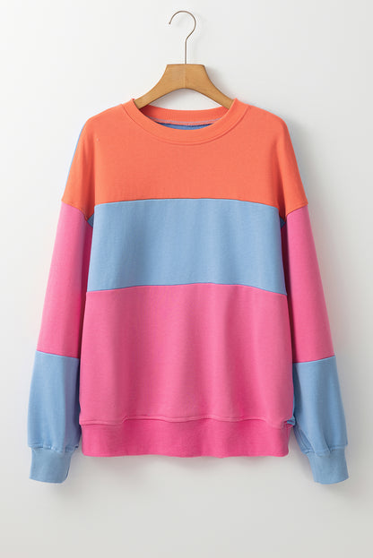 Bright Pink Colorblock Patchwork Drop Shoulder Sweatshirt