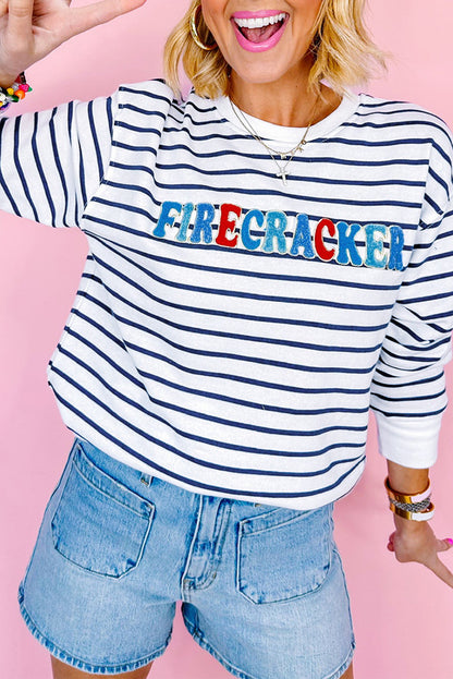 Blue Stripe Chenille FIRECRACKER Embroidered Sweatshirt