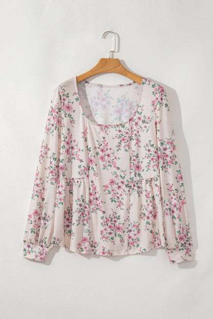 Pink Floral Print Pleated U Neck Loose Fit Blouse