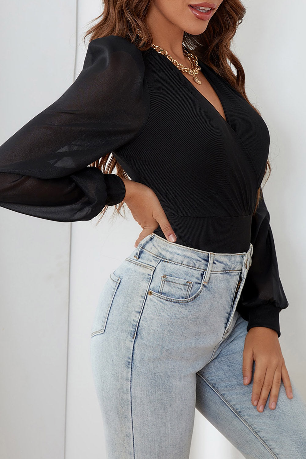 Black Solid Color V Neck Wrap Mesh Sleeves Bodysuit