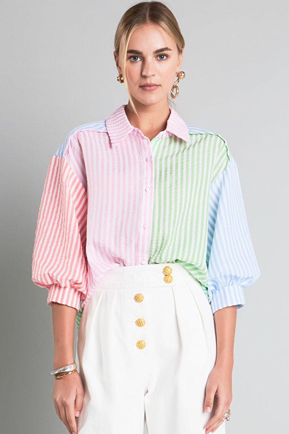 Pink Stripe Color Block Balloon Sleeve Buttoned Loose Fit Shirt