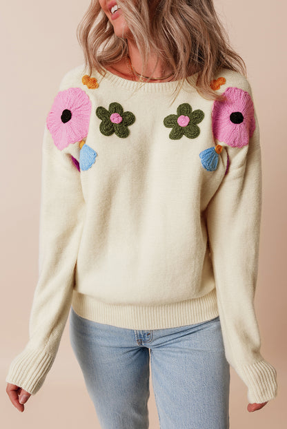 Beige Knitted Flower Pattern Ribbed Edge Sweater