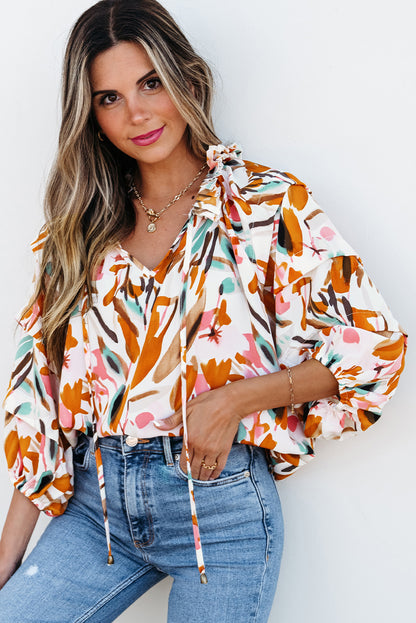 Yellow Abstract Print Drawstring Frilled V Neck 3/4 Sleeve Blouse