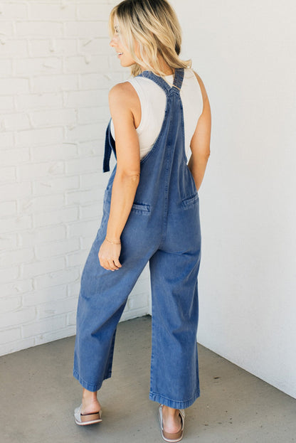 Prussian Blue Mineral Wash Knotted Strap Patched Pocket Wide Leg Denim Overalls