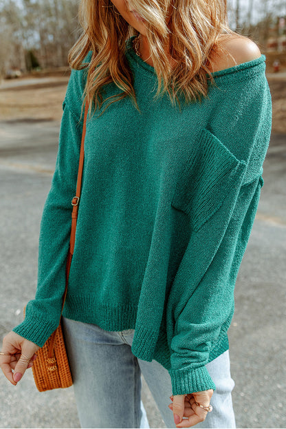 Green Solid Color Off Shoulder Rib Knit Sweater with Pocket